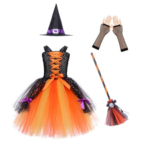 Mugoebu Mädchen Halloween Hexenkostüm Kontrastfarbe Schleife Pailletten Tüll Cami Kleid Hut Netzärmel Besen Cosplay Set Kinder Hexenkostüm (Orange, 10-12 Years) von Mugoebu