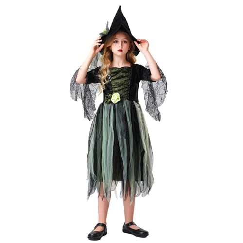 Mugoebu Mädchen Hexenkostüm Set Ausgestellte Ärmel Tüll Patchwork Kleid Zaubererhut Sets für Halloween Party Cosplay (Green, 130cm) von Mugoebu