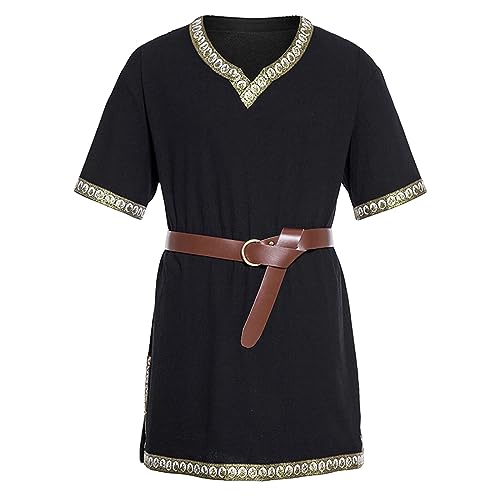 Mugoebu Mittelalterliches Kostüm für Herren, Renaissance, Templer-Tunika, Schottisches Kostüm, Wikinger, Ritter, Pirat, Vintage, Krieger, Halloween, Cosplay, Party, Tops (Black, L) von Mugoebu