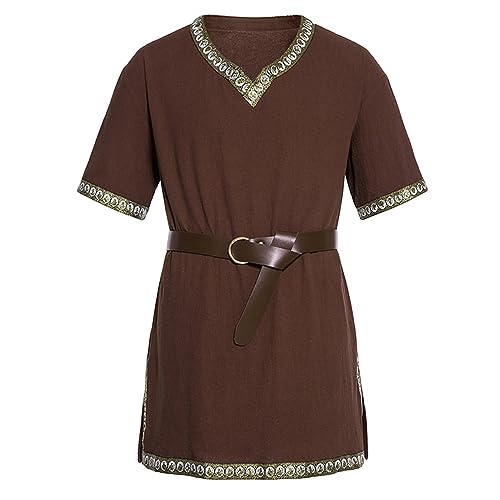 Mugoebu Mittelalterliches Kostüm für Herren, Renaissance, Templer-Tunika, Schottisches Kostüm, Wikinger, Ritter, Pirat, Vintage, Krieger, Halloween, Cosplay, Party, Tops (Dark Brown, XL) von Mugoebu