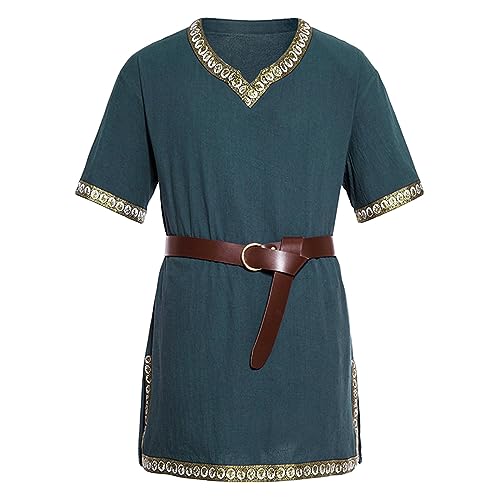 Mugoebu Mittelalterliches Kostüm für Herren, Renaissance, Templer-Tunika, Schottisches Kostüm, Wikinger, Ritter, Pirat, Vintage, Krieger, Halloween, Cosplay, Party, Tops (Navy Blue, L) von Mugoebu