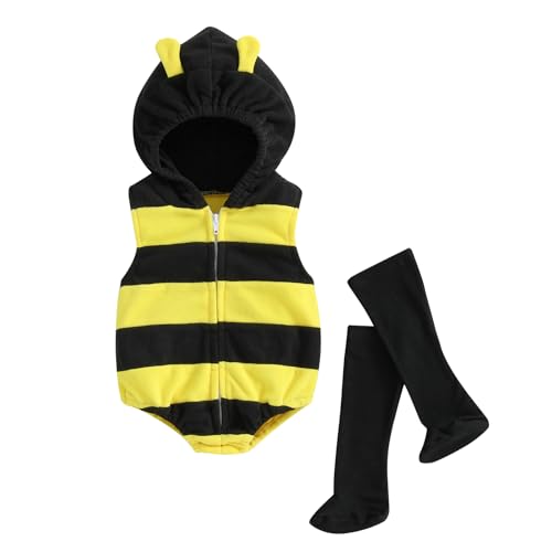 Mugoebu Neugeborenes Baby Halloween Kostüme Bienenkostüm Reißverschluss Kapuze Ärmellos Strampler Strümpfe Säugling Halloween Kostüme (Yellow, 12-18 Months) von Mugoebu