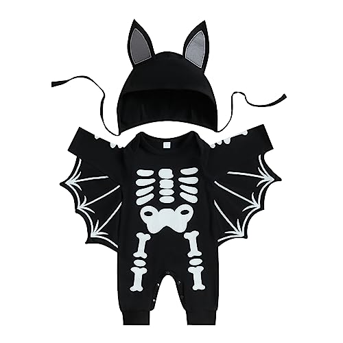 Mugoebu Neugeborenes Baby Junge Mädchen Halloween Kostüm Strampler Skelett Overall Outfit Totenkopf Kleidung mit Hut (Black, 0-3 Months) von Mugoebu