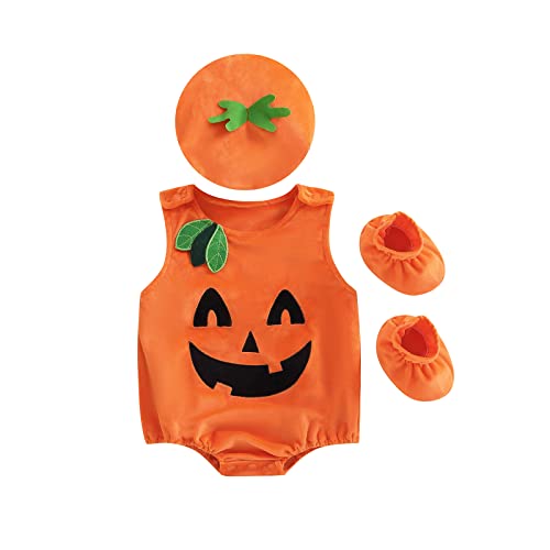 Mugoebu Neugeborenes Baby Mädchen Jungen Halloween Kostüme Ärmellos Kürbis Strampler Bodysuit Mütze Socken Halloween Outfits 0-3Y (Orange, 0-3 Months) von Mugoebu