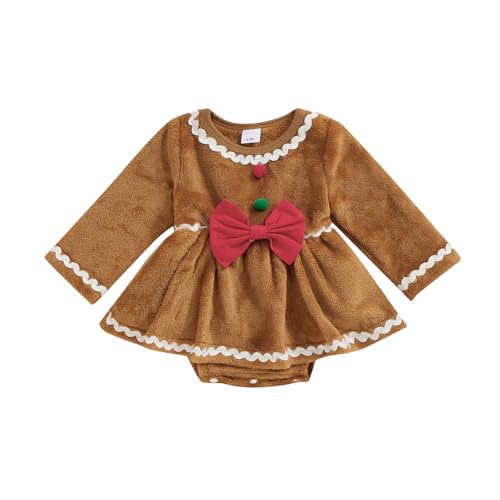 Mugoebu Neugeborenes Baby Mädchen Weihnachten Strampler Kleid Lebkuchenmann Onesie Lebkuchen Outfit Säugling Herbst Weihnachten Kleider (Brown, 0-3 Months) von Mugoebu