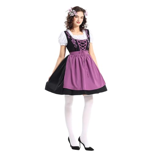 Mugoebu Oktoberfest-Kostüm für Damen, deutsches Dirndlkleid mit Puffärmeln, Schürze, Lederhosen-Kostüm für das Bierfest (Purple, XXL) von Mugoebu