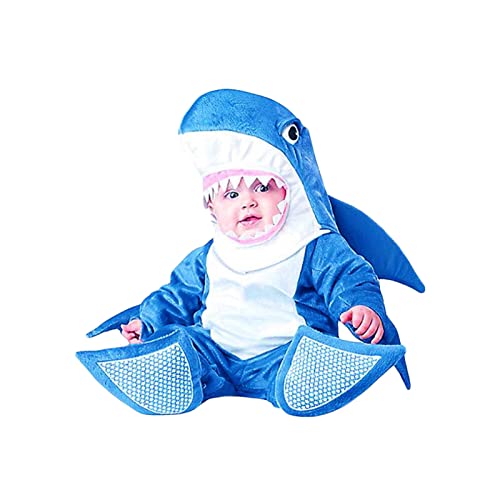 Mugoebu Unisex Kinder Baby Halloween Kostüme Cartoon Tierkostüm Kapuzenoutfit Cartoon Hai Pfau Eule Löwe Kostüm Party Cosplay Neuartige Tier Strampler Outfits (Blue Shark, 1-2 Years) von Mugoebu