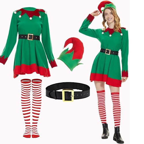 Mugoebu Weihnachtselfen-Kostümset für Damen, Elfenkleid für Erwachsene, Gürtel, gestreifte Overknee-Socken, Elfenmütze für Cosplay, Weihnachtsmann-Helfer-Kostüm (3pc Green, L) von Mugoebu