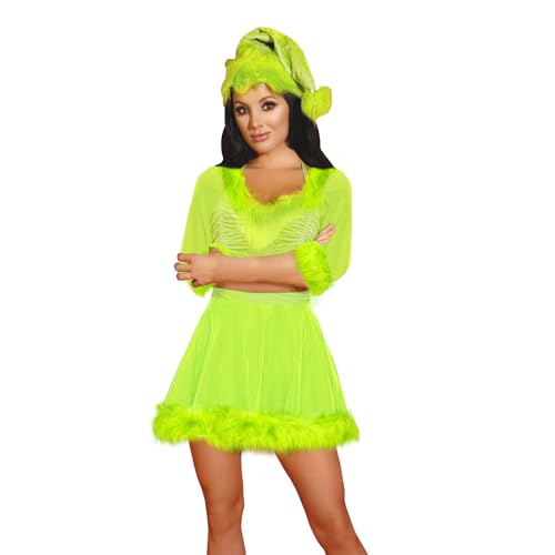 Mugoebu Weihnachtsfrau-Kostüm für Damen, Pelzbesatz, Plüsch, A-Linie, Samt, Cosplay-Weihnachtskleid, 2-teilig, Weihnachtsfrau-Kleid für Erwachsene mit Hut (Green, L) von Mugoebu