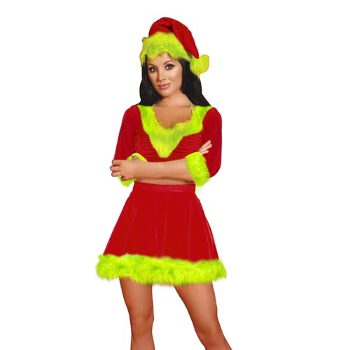 Mugoebu Weihnachtsfrau-Kostüm für Damen, Pelzbesatz, Plüsch, A-Linie, Samt, Cosplay-Weihnachtskleid, 2-teilig, Weihnachtsfrau-Kleid für Erwachsene mit Hut (Wine Red, L) von Mugoebu