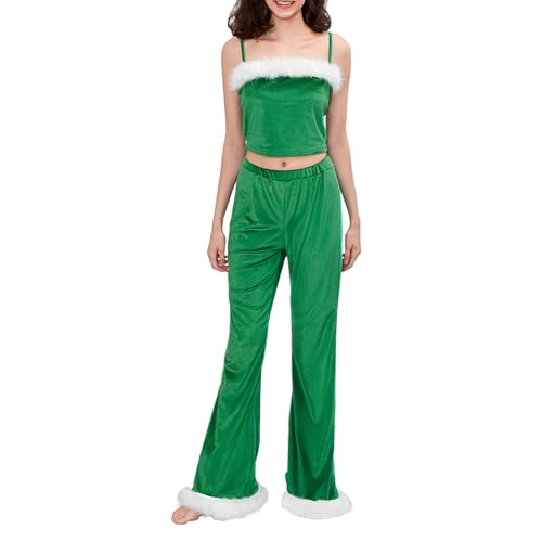 Mugoebu Weihnachtskostüm für Damen, Weihnachtsmann-Cosplay-Kostüm, Plüschbesatz, Patchwork, trägerlose Tube-Tops, elastische Taille, lange Hosen, Weihnachtsfrau-Kostüm für Damen (Green, L) von Mugoebu