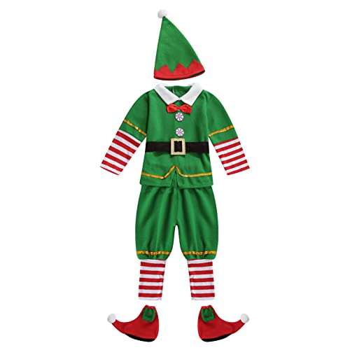 Mugoebu Weihnachtskostüm für Kinder, Jungen und Mädchen, Elfenkostüm, Weihnachtsmann-Helfer-Kostüm, festliches Weihnachtsoutfit mit Elfenmütze, Schuhen, Gürtel, Cosplay-Outfits (Green, 2-3T) von Mugoebu