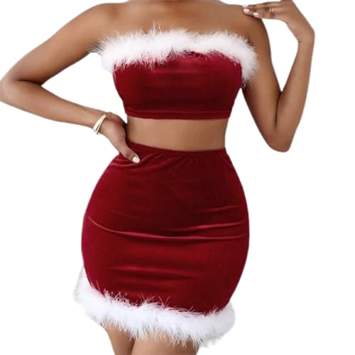 Mugoebu Weihnachtsoutfits für Damen mit Unterhemden und Röcken Weihnachtskostüm-Set aus Samt, 2-teilig, Weihnachtskostüm für Frau Santa Claus (Red, S) von Mugoebu