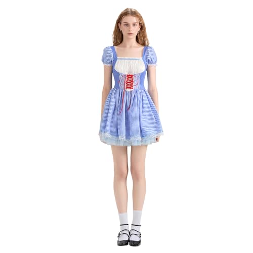 Mugoebu Zauberer von Oz Dorothy-Kleid für Damen, Halloween-Kostüme für Damen, blau kariert, Buch-Märchenbuch-Charakter-Outfits, Zauberer von Oz Dorothy-Kostüm (Blue, XL) von Mugoebu