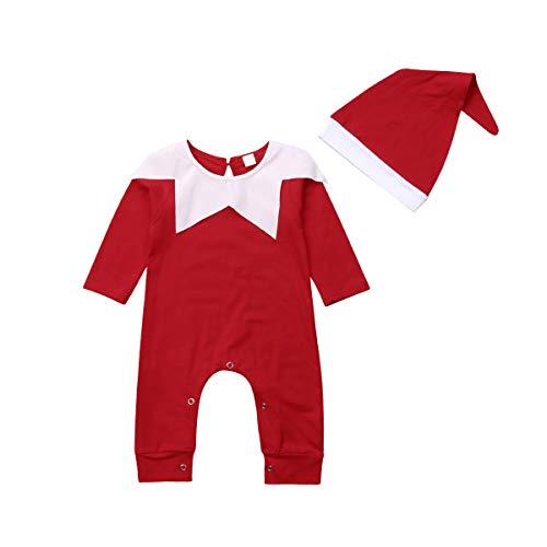 Neugeborenes Baby Mein erstes Weihnachtsoutfit Junge Mädchen Weihnachtsmann Kostüm Langarm Strampler Overall mit Mütze Set (Red, 0-6 Months) von Mugoebu