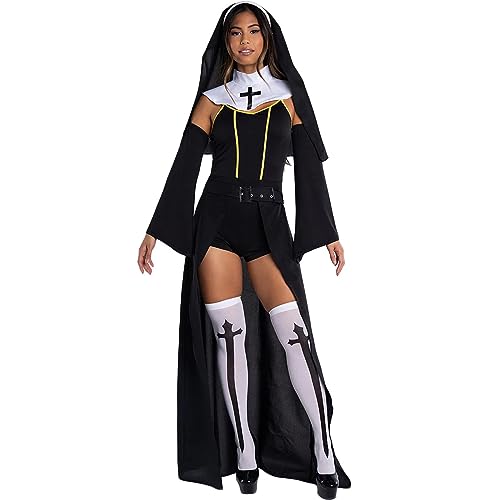 Nonnenkostüm Halloween Mutter Oberin Kostüm Frauen Schwarze Priester Outfits Mary Priest Traditionelle Nonne Cosplay Dress Up (Black, XL) von Mugoebu