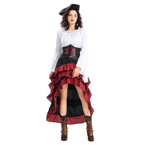 Piratenkostüm für Damen, Halloween Oberteil mit ausgestellten Ärmeln, Rüschenrock, Hut und Korsettgürtel, Set mit Piraten-Renaissance-Kostümen, Steampunk-Kostüm, viktorianische Kostüme (White, L) von Mugoebu