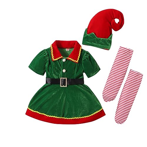 Weihnachtselfen-Kostüm für Kleinkinder, Mädchen, Weihnachtsmann-Helfer-Kostüm, kurzärmliges Puppenkragenkleid + Mütze + gestreifte Socken, Weihnachtsmann-Kostüm-Outfit (Green, 2-3T) von Mugoebu