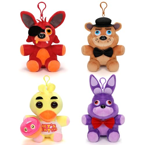 Mukity 4-teiliges Nacht-Plüsch-Set – 16,5 cm, Cartoon-Plüschtiere, Kissen, Puppe, Schlüsselanhänger, Geschenke für Kinder, Jungen, Mädchen, Fans von Mukity