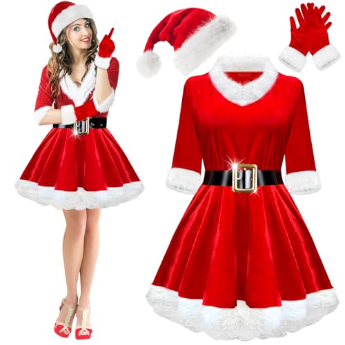 Mukum 4-teiliges Weihnachtskleid-Set für Damen – Samt-Weihnachtskleid mit Hut und Handschuhen für Damen – Weihnachtsfeiertagsparty-Outfit, Kostüm, Rot, Größe L von Mukum