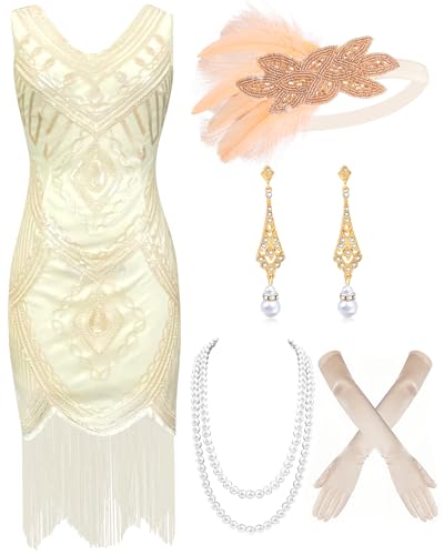 Mukum Damen Flapper Kleid 1920er Vintage Fransen Pailletten Kleid Great Gatsby 1920er Jahre Kleider Set für Frauen Weihnachten Party, Beige, M Mukum Damen Flapper Kleid 1920er Vintage Fransen Pailletten Kleid Great Gatsby 1920er Jahre Kleider Set für Frauen Weihnachten Party, Beige, M von Mukum