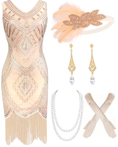 Mukum Damen Flapper Kleid 1920er Vintage Fransen Pailletten Kleid Great Gatsby 1920er Jahre Kleider Set für Frauen Weihnachten Party, Champagner 2, X-Large Mukum Damen Flapper Kleid 1920er Vintage Fransen Pailletten Kleid Great Gatsby 1920er Jahre Kleider Set für Frauen Weihnachten Party, Champagner 2, X-Large von Mukum