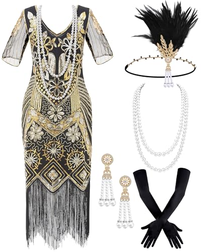 Mukum Damen Flapper Kleid 1920er Vintage Fransen Pailletten Kleid Great Gatsby 1920er Jahre Kleider Set für Frauen Weihnachten Party, Gold, L von Mukum