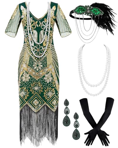 Mukum Damen Flapper Kleid 1920er Vintage Fransen Pailletten Kleid Great Gatsby 1920er Jahre Kleider Set für Frauen Weihnachten Party, Grün , L von Mukum