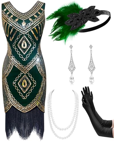 Mukum Damen Flapper Kleid 1920er Vintage Fransen Pailletten Kleid Great Gatsby 1920er Jahre Kleider Set für Frauen Weihnachten Party, Grün-Gold, XXX-Large Mukum Damen Flapper Kleid 1920er Vintage Fransen Pailletten Kleid Great Gatsby 1920er Jahre Kleider Set für Frauen Weihnachten Party, Grün-Gold, XXX-Large von Mukum