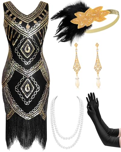 Mukum Damen Flapper Kleid 1920er Vintage Fransen Pailletten Kleid Great Gatsby 1920er Jahre Kleider Set für Frauen Weihnachten Party, Schwarz Gold, S Mukum Damen Flapper Kleid 1920er Vintage Fransen Pailletten Kleid Great Gatsby 1920er Jahre Kleider Set für Frauen Weihnachten Party, Schwarz Gold, S von Mukum