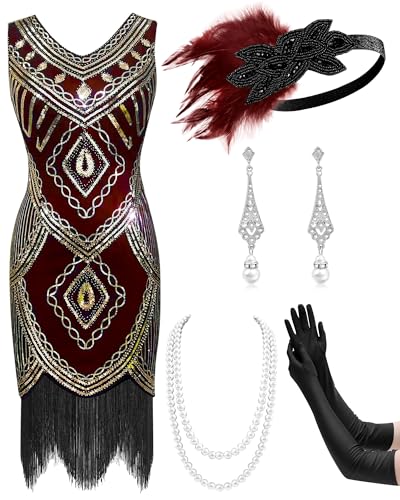 Mukum Damen Flapper Kleid 1920er Vintage Fransen Pailletten Kleid Great Gatsby 1920er Jahre Kleider Set für Frauen Weihnachten Party, rot / goldfarben, Large Mukum Damen Flapper Kleid 1920er Vintage Fransen Pailletten Kleid Great Gatsby 1920er Jahre Kleider Set für Frauen Weihnachten Party, rot / goldfarben, Large von Mukum