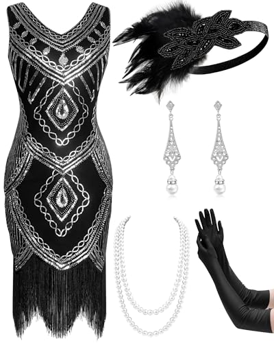 Mukum Damen Flapper Kleid 1920er Vintage Fransen Pailletten Kleid Great Gatsby 1920er Jahre Kleider Set für Frauen Weihnachten Party, schwarz/silberfarben, X-Small Mukum Damen Flapper Kleid 1920er Vintage Fransen Pailletten Kleid Great Gatsby 1920er Jahre Kleider Set für Frauen Weihnachten Party, schwarz/silberfarben, X-Small von Mukum