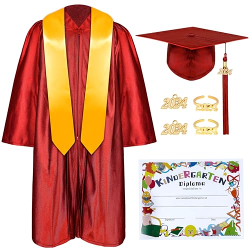 Mukum Kindergarten Graduation Cap und Kleid Set mit Quaste 2024 Charms Graduations Stolen für Kinder Vorschule Kindergarten Rot 30 von Mukum