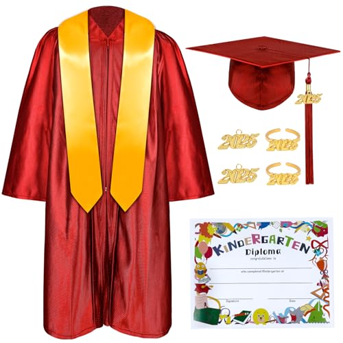 Mukum Kindergarten Graduation Cap und Kleid Set mit Quaste 2024 Charms Graduations Stolen für Kinder Vorschule Kindergarten Rot 33 von Mukum