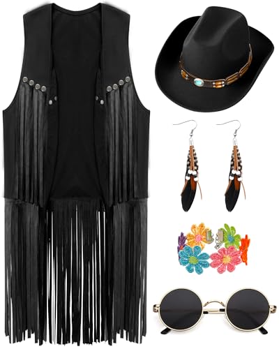 Mukum Western-Outfits für Damen, 6-teiliges Set mit Cowgirl-Weste, Cowboyhut mit türkisem Rand, Armband im Boho-Stil und Sonnenbrille, ideal für Halloween, Cosplay, Kostümparty, Schwarz, Größe S von Mukum