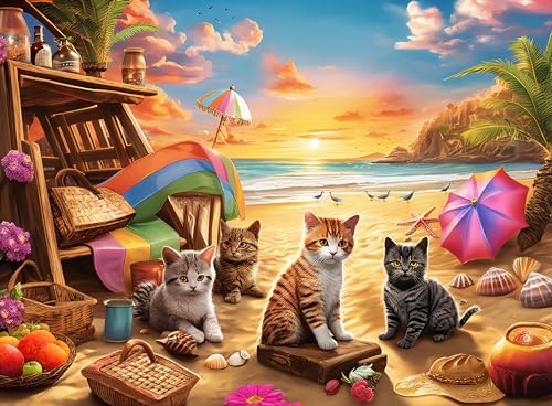 Extra große Puzzle 100 Teile für Erwachsene – Großteiliges Puzzle für Kinder und Senioren – Katzen Sonnenuntergang am Meer von Mulic