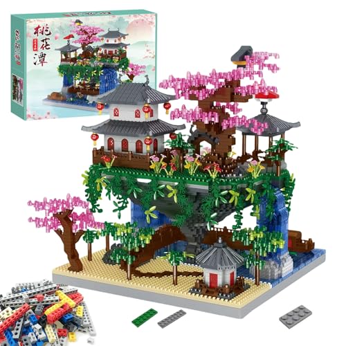 Pfirsichblüten Teich Japan Blumen Haus Micro Bausteine 3320 Teile,Klemmbausteine Pflanzen Architecture Japan Ideas deko Geschenk für Erwachsene Frauen Männer Mädchen von Muligheter