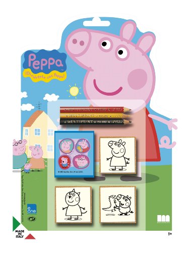 Multiprint Geformte Blister Stempel für Kinder Peppa Pig, 100% Made in Italy, Benutzerdefinierte Stempelset Kinder, in Holz und Naturkautschuk, Ungiftige Waschbare Tinte, Geschenkidee, art.11875 von Multiprint