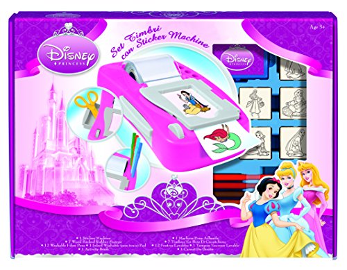 Multiprint Maschine für Sticker Disney Princess, Made in Italy, 7 Stempel, Malbucher mit Markierugen, Stempelset Kinder, in Holz und Naturkautschuk, Ungiftige Waschbare Tinte, Geschenkidee, Art.08660 von Multiprint