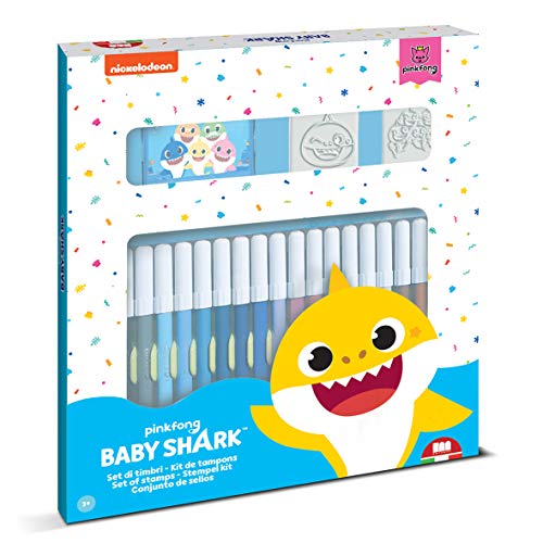 Multiprint Set 2 Stempel für Kinder und 18 Farbige Markierungen Baby Shark, Made in Italy, Stempelset Kinder, in Holz und Naturkautschuk, Ungiftige Waschbare Tinte, Geschenkidee, Art.86995 von Multiprint