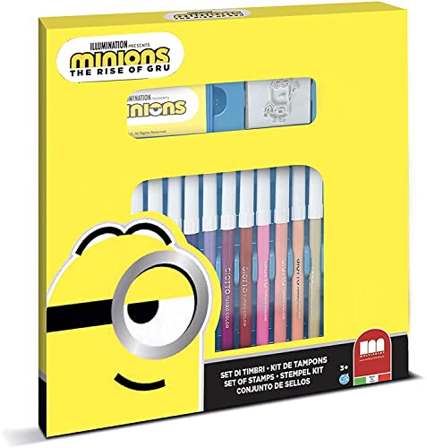 Multiprint Set 2 Stempel für Kinder und 18 Farbige Markierungen Minions 2, Made in Italy, Stempelset Kinder, in Holz und Naturkautschuk, Ungiftige Waschbare Tinte, Geschenkidee, Art.86896 von Multiprint