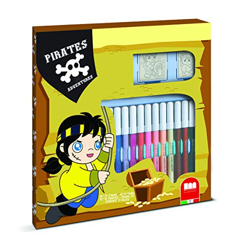 Multiprint Set 2 Stempel für Kinder und 18 Farbige Markierungen Pirates Adventures, Made in Italy, Stempelset Kinder, in Holz und Naturkautschuk, Ungiftige Waschbare Tinte, Geschenkidee, Art.86927 von Multiprint