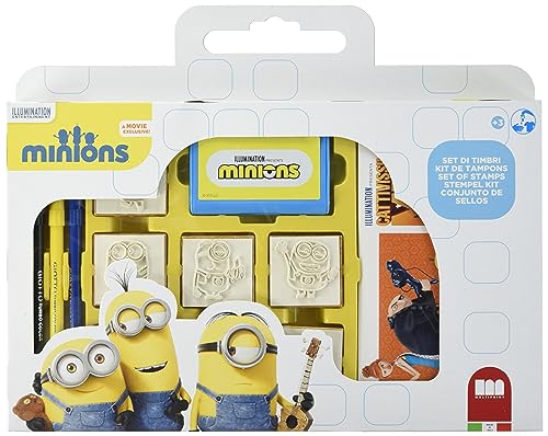 Multiprint Tasche 7 Stempel für Kinder Minions 2, 100% Made in Italy, Benutzerdefinierte Stempelset Kinder, in Holz und Naturkautschuk, Ungiftige Waschbare Tinte, Geschenkidee, art.07896 von Multiprint