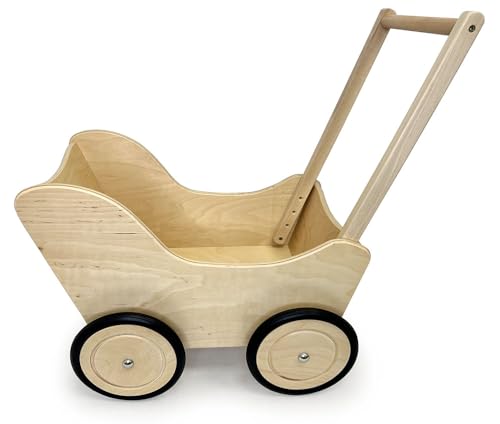 Puppenwagen aus Holz mit Gummireifen Holzpuppenwagen für Baby-Puppen Spielzeug mit höhenverstellbarem Griff für Mädchen Braun Natur Mumbee von Mumbee