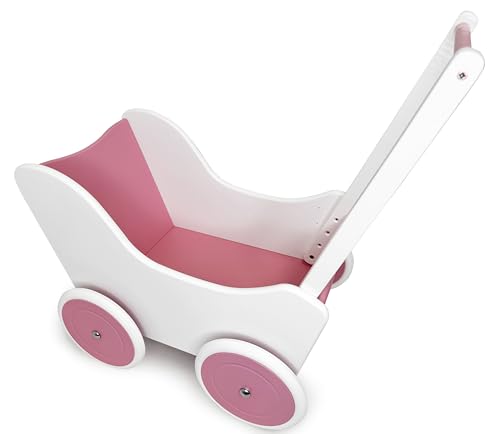 Puppenwagen aus Holz mit Gummireifen Holzpuppenwagen für Baby-Puppen Spielzeug mit höhenverstellbarem Griff für Mädchen Weiß Rosa Mumbee von Mumbee