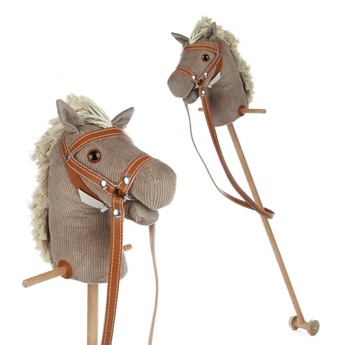 Mumbee Steckenpferd für Kinder Hobby Horse Top Qualität mit Haltegriffen und Rollen aus Holz Pferdefreunde süßes Spielzeug Pferd Cord Beige 95cm von 3 Jahren von Mumbee