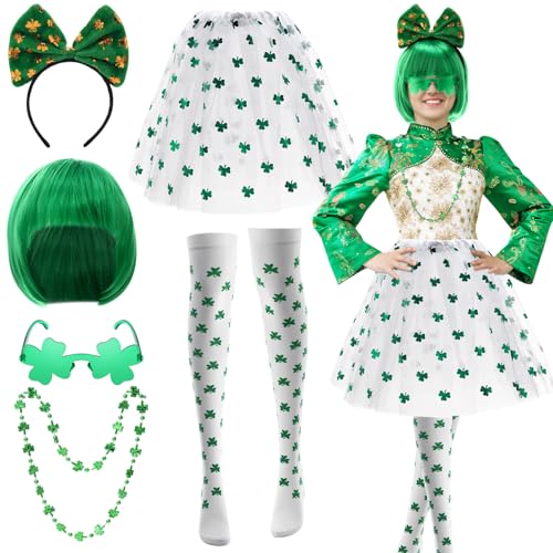 Mumufy 7-teiliges St. Patrick's Day Outfits Kobold-Kostüm-Zubehör für Damen, Tutu-Rock, grüne Perücke, Stirnband, Brille, Socken, Grün und Weiß, Einheitsgröße von Mumufy