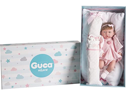 Muñecas Guca Puppe Reborn Daniela 38 cm braunes Haar, rosa Kleid mit weißen Punkten. von GUCA