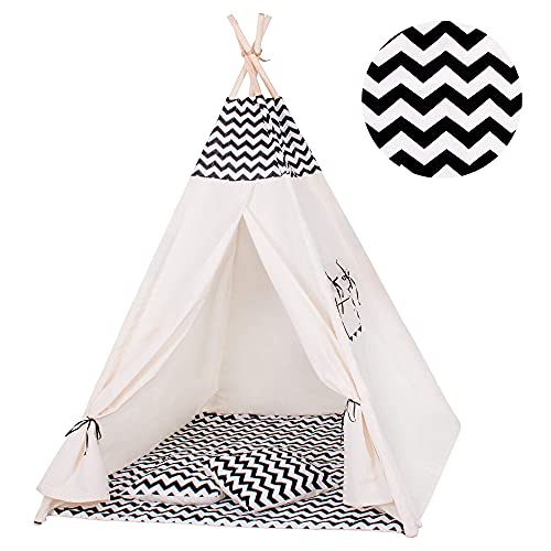 Muntel Tipi-Zelt, Wigwam Spielzelt, Mit Matte und Kissen,Indoor,Natur,Spielhaus Kinder für Drinnen und Draussen,Kinderzimmer Schwarz,Wellenmuster,120x100x180 cm von Muntel