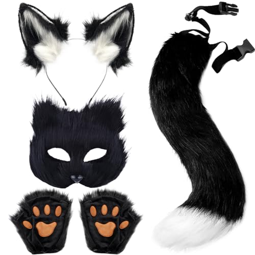 Murezima 4 Stück Fox Kostüm Set, Pelzmaske und Schwanz Fox Tail Katze Wolf Cosplay Kostüm Set Halloween Wolf Kostüm Kids Erwachsene Cosplay-Bühnenshow, Black-White von Murezima